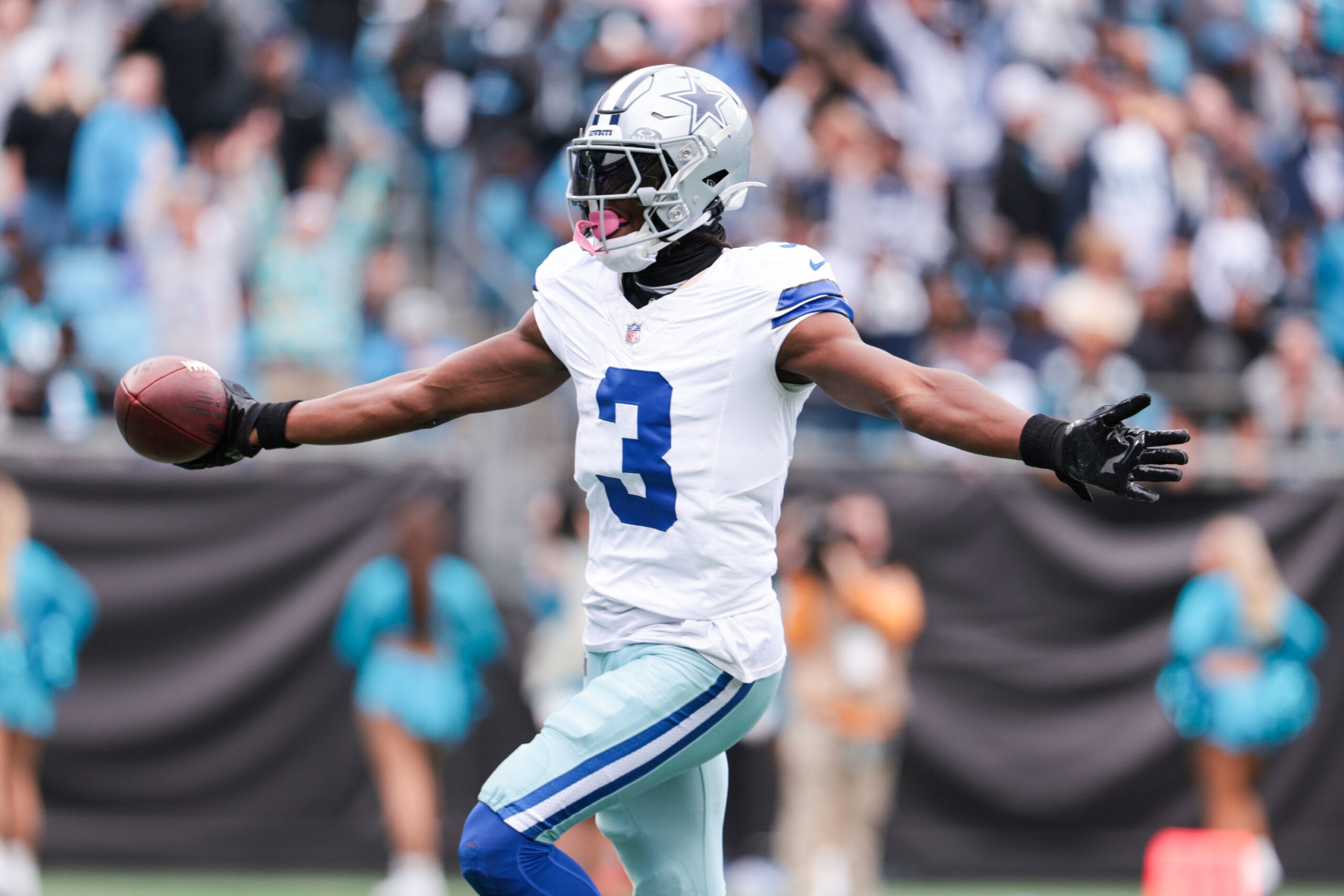 Oct 12, 2025; Charlotte, North Carolina, USA; Dallas Cowboys wide receiver George Pickens (3) celebrates a touchdown during the second half against the Carolina Panthers at Bank of America Stadium.
