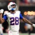 Oct 13, 2025; Atlanta, Georgia, USA; Buffalo Bills defensive back Sam Franklin Jr. (28) reacts after a defensive play during the second half of a game against the Atlanta Falcons at Mercedes-Benz Stadium.