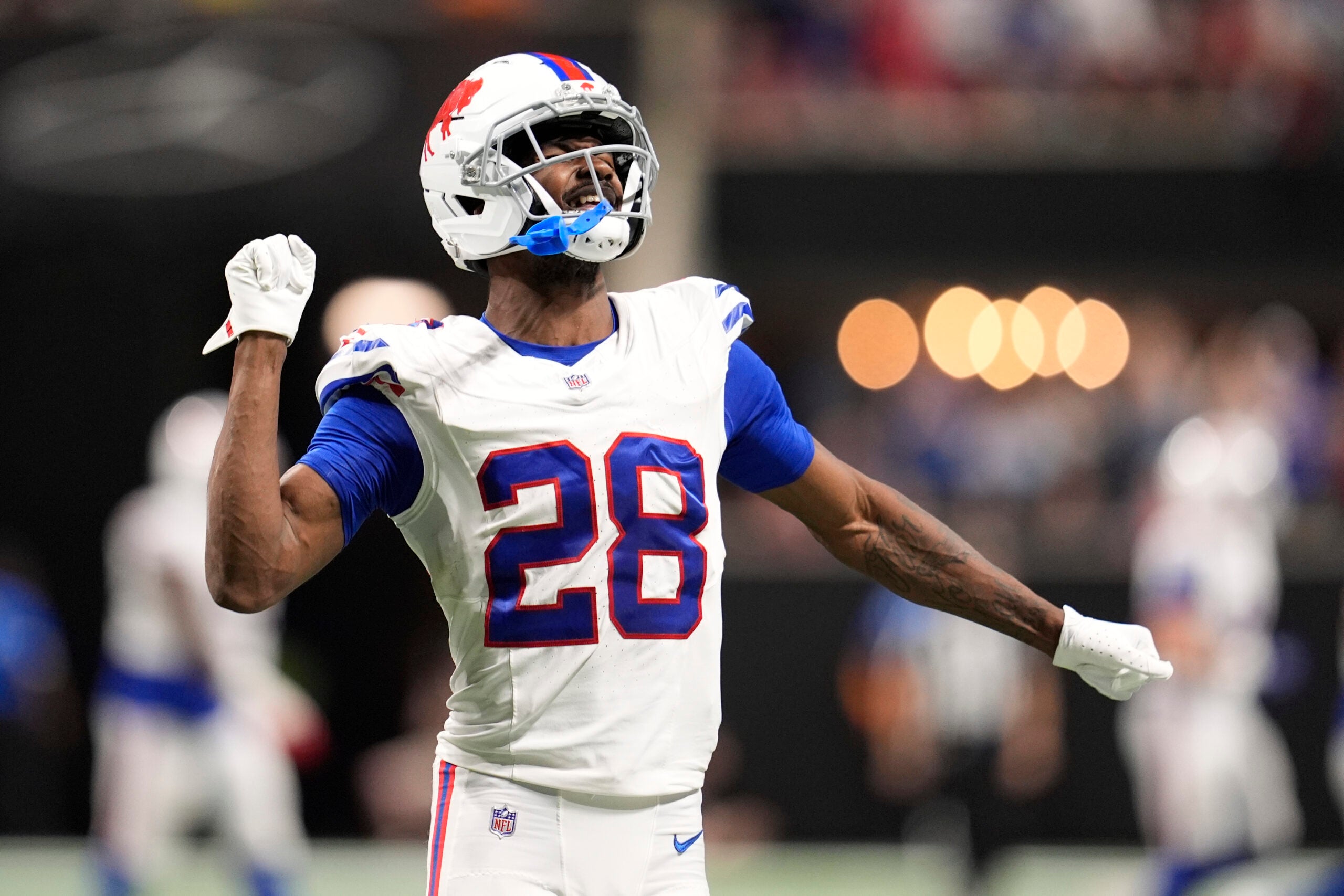 Oct 13, 2025; Atlanta, Georgia, USA; Buffalo Bills defensive back Sam Franklin Jr. (28) reacts after a defensive play during the second half of a game against the Atlanta Falcons at Mercedes-Benz Stadium.
