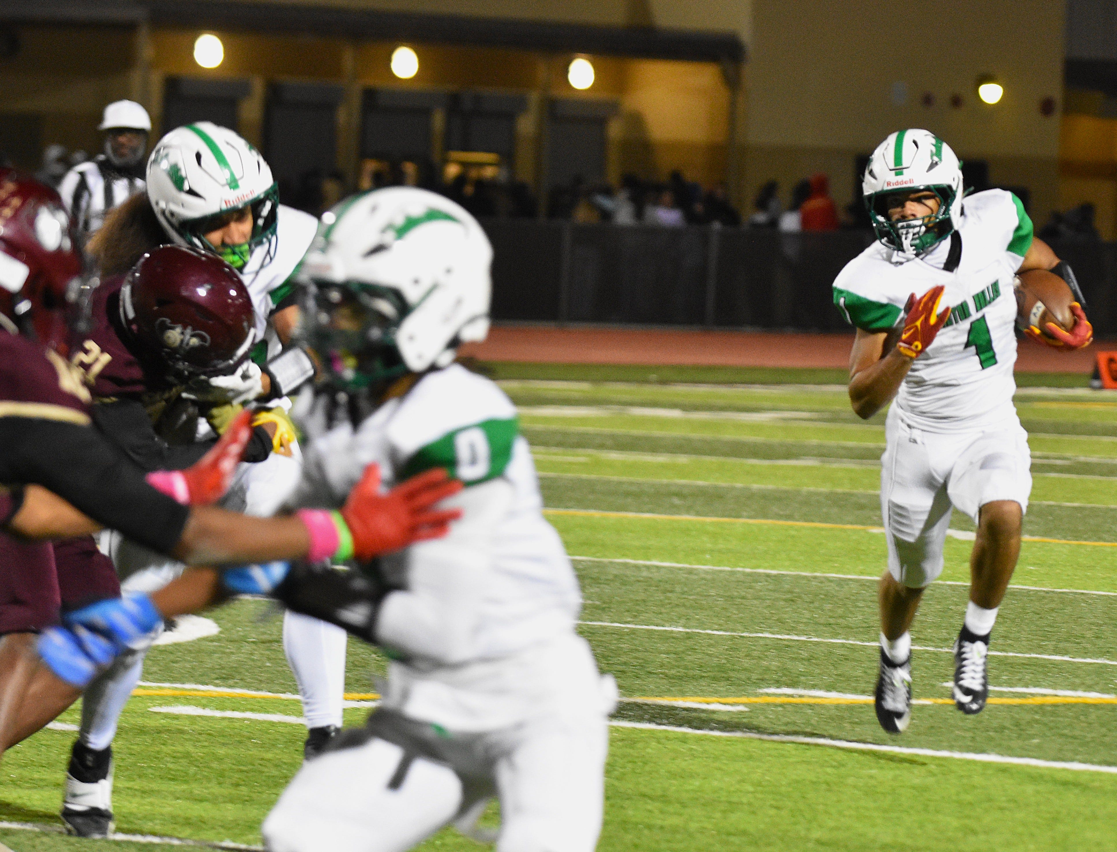 Victor Valley running back Makai Buchanan runs the ball up the field during the third quarter against Adelanto on Friday, Oct. 17, 2025. Buchanan ended the night with a pair of rushing touchdowns.