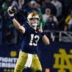 Oct 18, 2025; South Bend, Indiana, USA; Notre Dame Fighting Irish quarterback CJ Carr (13) drops back to pass the ball in the second half against the Southern California Trojans at Notre Dame Stadium. Mandatory Credit: Trevor Ruszkowski-Imagn Images