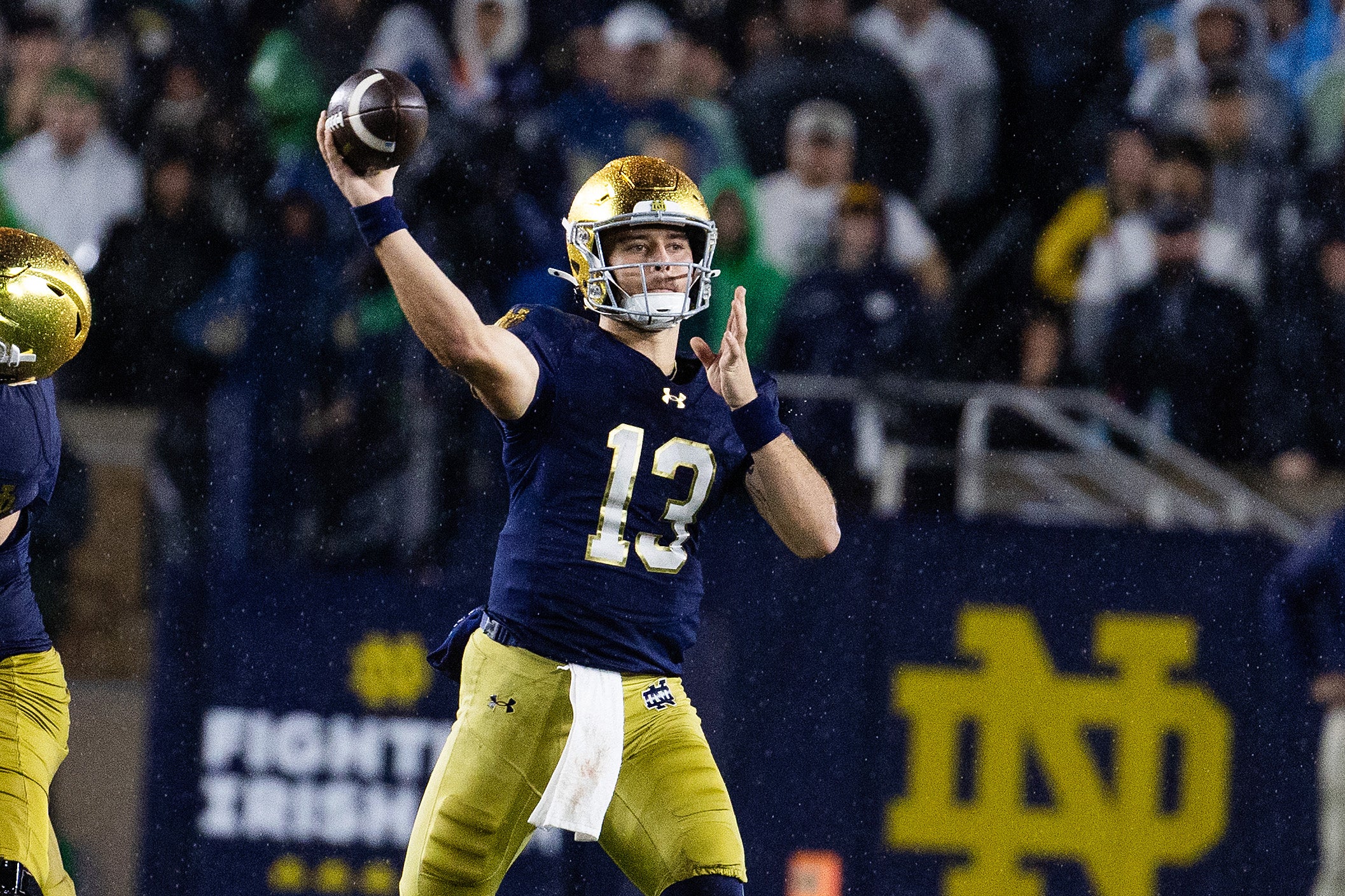 Oct 18, 2025; South Bend, Indiana, USA; Notre Dame Fighting Irish quarterback CJ Carr (13) drops back to pass the ball in the second half against the Southern California Trojans at Notre Dame Stadium. Mandatory Credit: Trevor Ruszkowski-Imagn Images