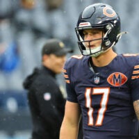 Oct 19, 2025; Chicago, Illinois, USA; Chicago Bears quarterback Tyson Bagent (17) practices against the New Orleans Saints before the game at Soldier Field.