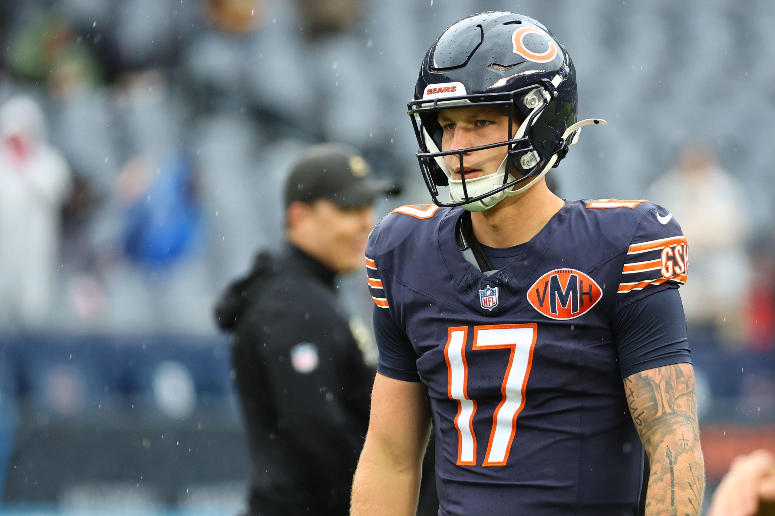 Oct 19, 2025; Chicago, Illinois, USA; Chicago Bears quarterback Tyson Bagent (17) practices against the New Orleans Saints before the game at Soldier Field.