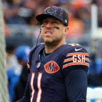 Oct 19, 2025; Chicago, Illinois, USA; Chicago Bears quarterback Case Keenum (11) during the second half against the New Orleans Saints at Soldier Field.