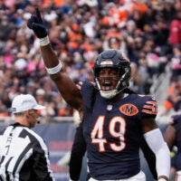 Oct 19, 2025; Chicago, Illinois, USA; Chicago Bears middle linebacker Tremaine Edmunds (49) reacts after sacking New Orleans Saints quarterback Spencer Rattler (not pictured) during the second half at Soldier Field.