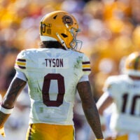 Oct 18, 2025; Tempe, Arizona, USA; Detailed view of the jersey of Arizona State Sun Devils wide receiver Jordyn Tyson (0) against the Texas Tech Red Raiders at Mountain America Stadium.