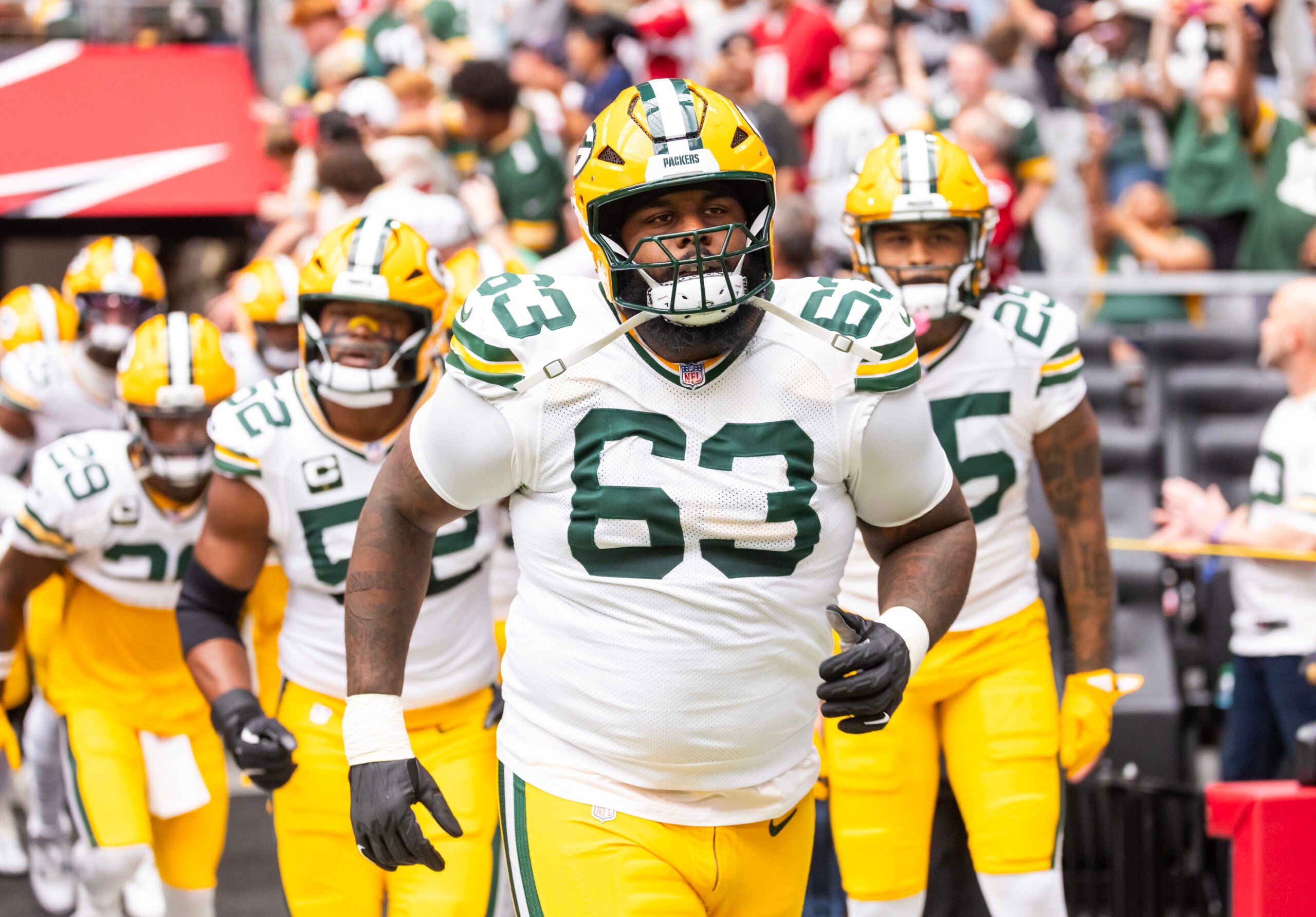 Oct 19, 2025; Glendale, Arizona, USA; Green Bay Packers tackle Rasheed Walker (63) against the Arizona Cardinals at State Farm Stadium.