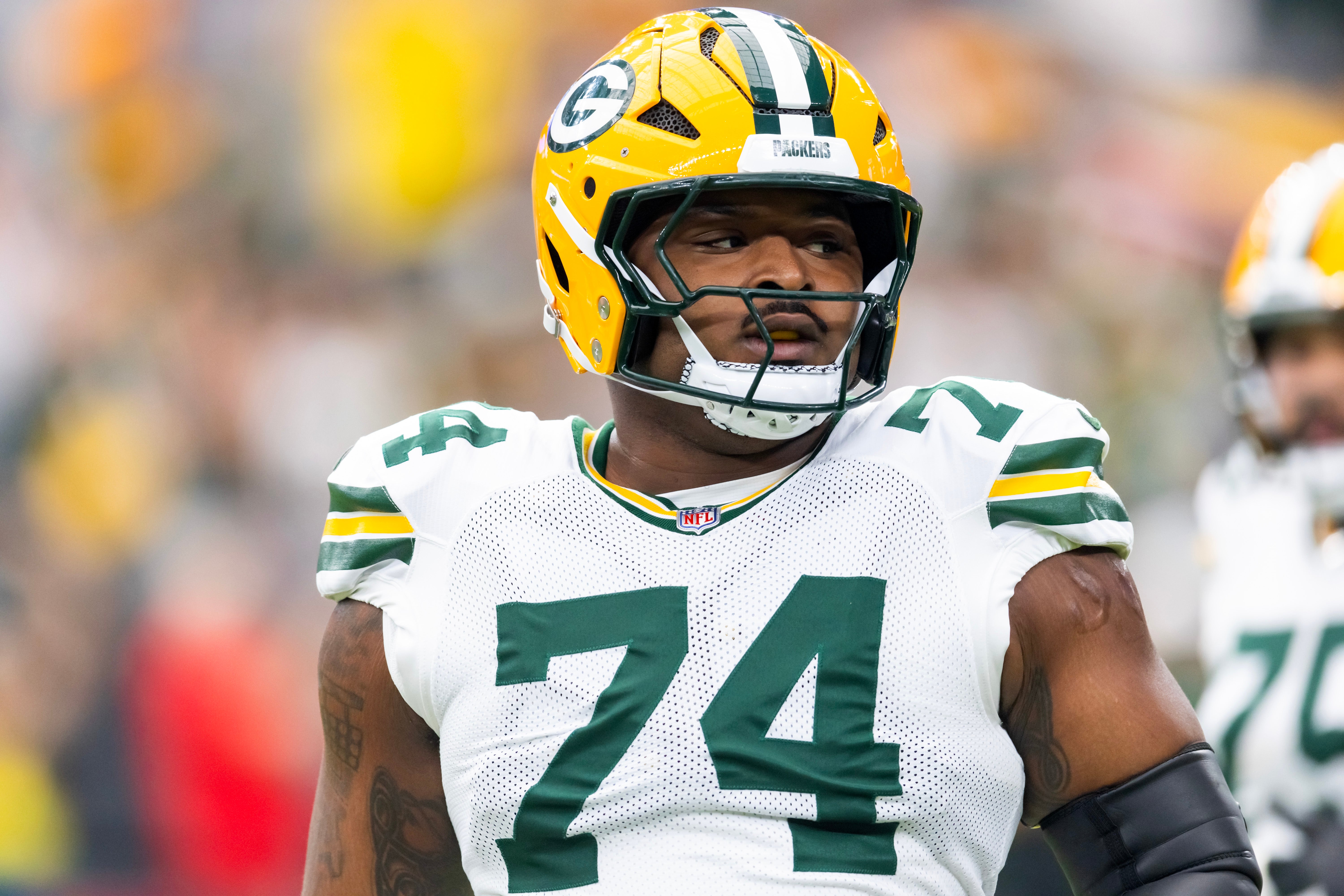 Oct 19, 2025; Glendale, Arizona, USA; Green Bay Packers center Elgton Jenkins (74) against the Arizona Cardinals at State Farm Stadium.