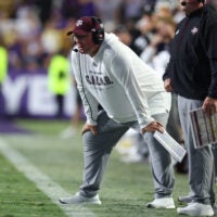 Oct 25, 2025; Baton Rouge, Louisiana, USA; Texas A&M Aggies head coach Mike Elko during the first half against the Louisiana State Tigers at Tiger Stadium.