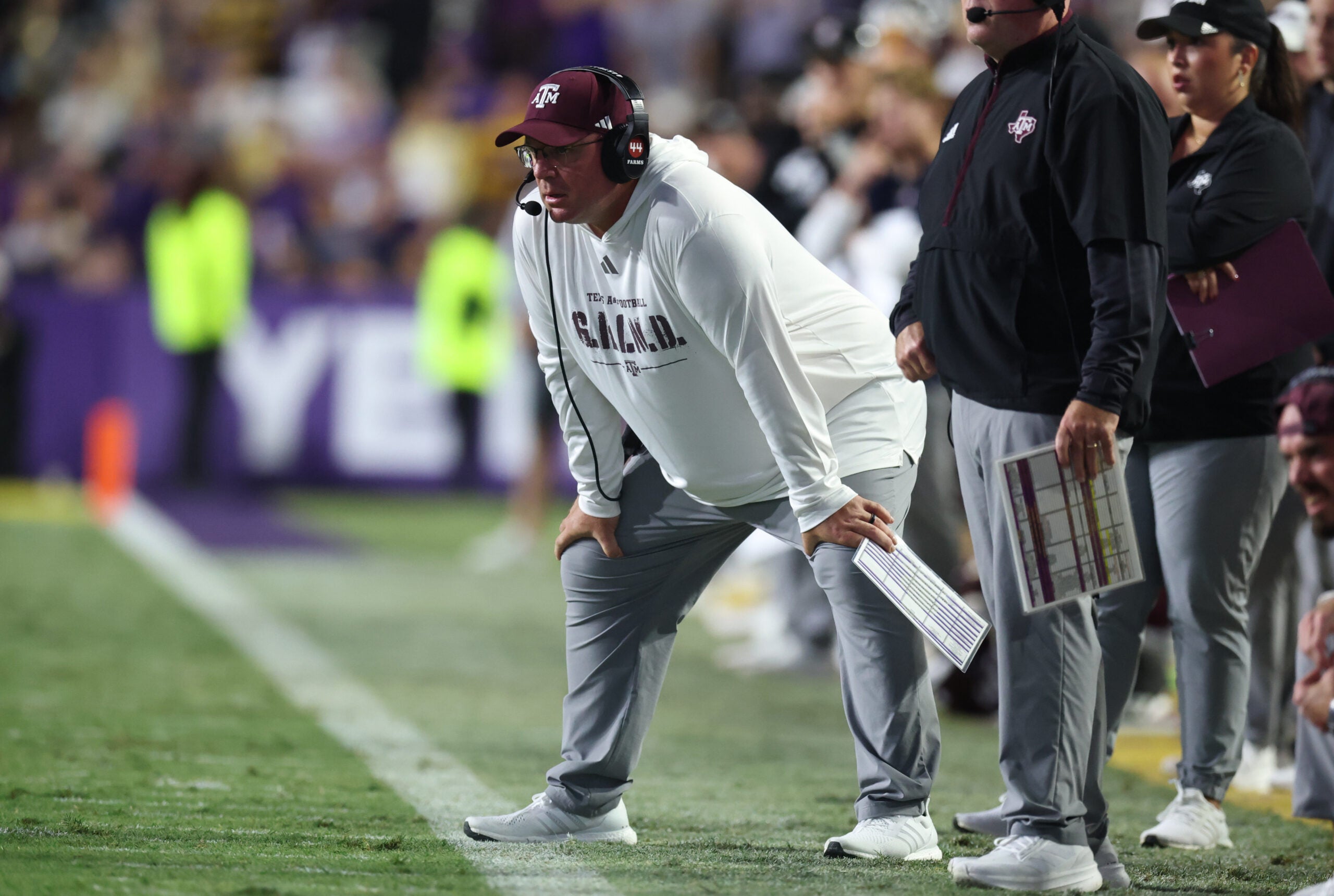 Oct 25, 2025; Baton Rouge, Louisiana, USA; Texas A&M Aggies head coach Mike Elko during the first half against the Louisiana State Tigers at Tiger Stadium.