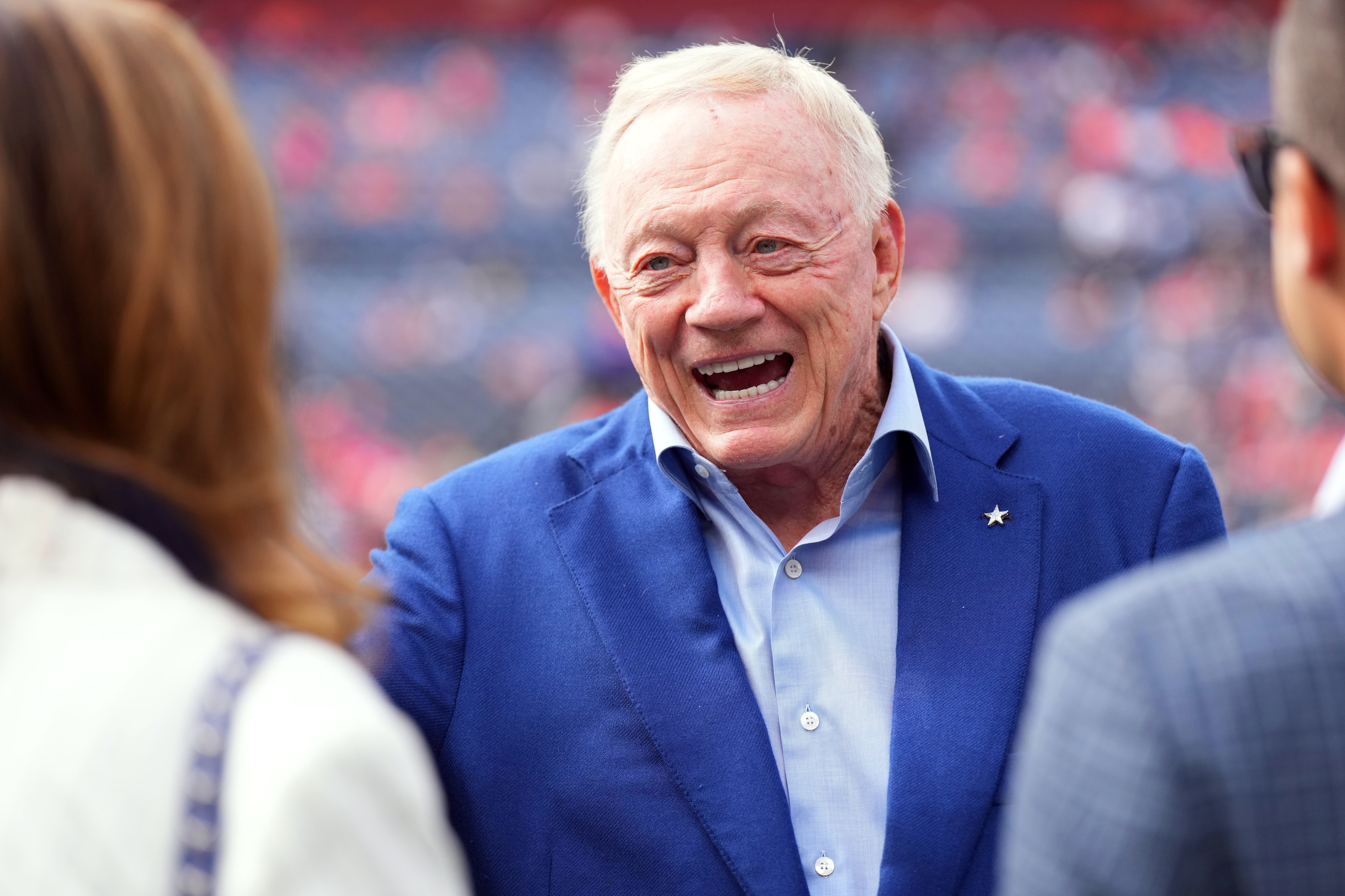 Oct 26, 2025; Denver, Colorado, USA; Dallas Cowboys owner Jerry Jones looks on before the game against the Denver Broncos at Empower Field at Mile High.