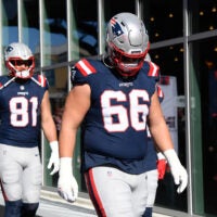 Oct 26, 2025; Foxborough, Massachusetts, USA; New England Patriots offensive tackle Will Campbell (66) walks to the field prior to a game against the Cleveland Browns at Gillette Stadium.