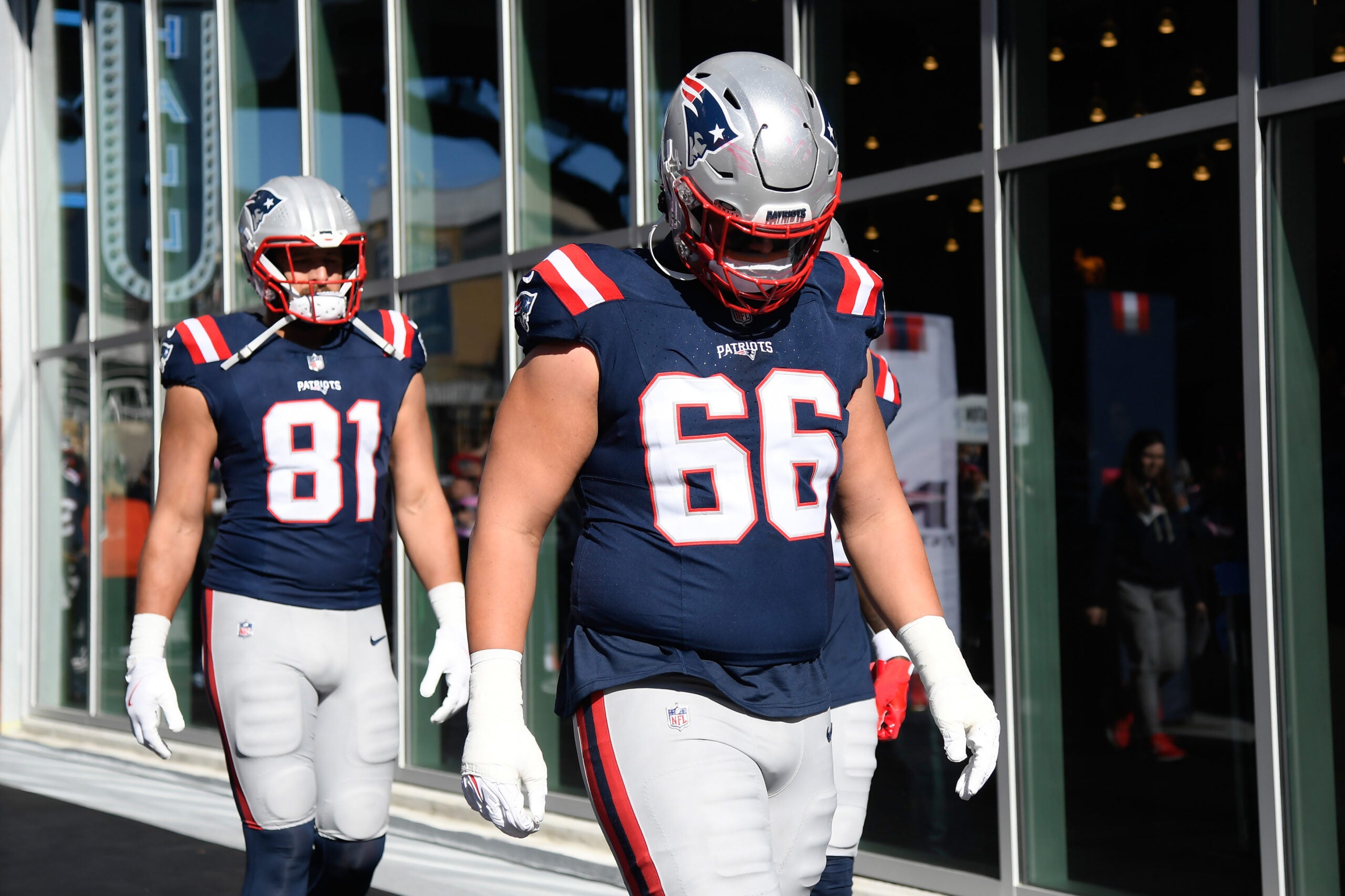 Oct 26, 2025; Foxborough, Massachusetts, USA; New England Patriots offensive tackle Will Campbell (66) walks to the field prior to a game against the Cleveland Browns at Gillette Stadium.