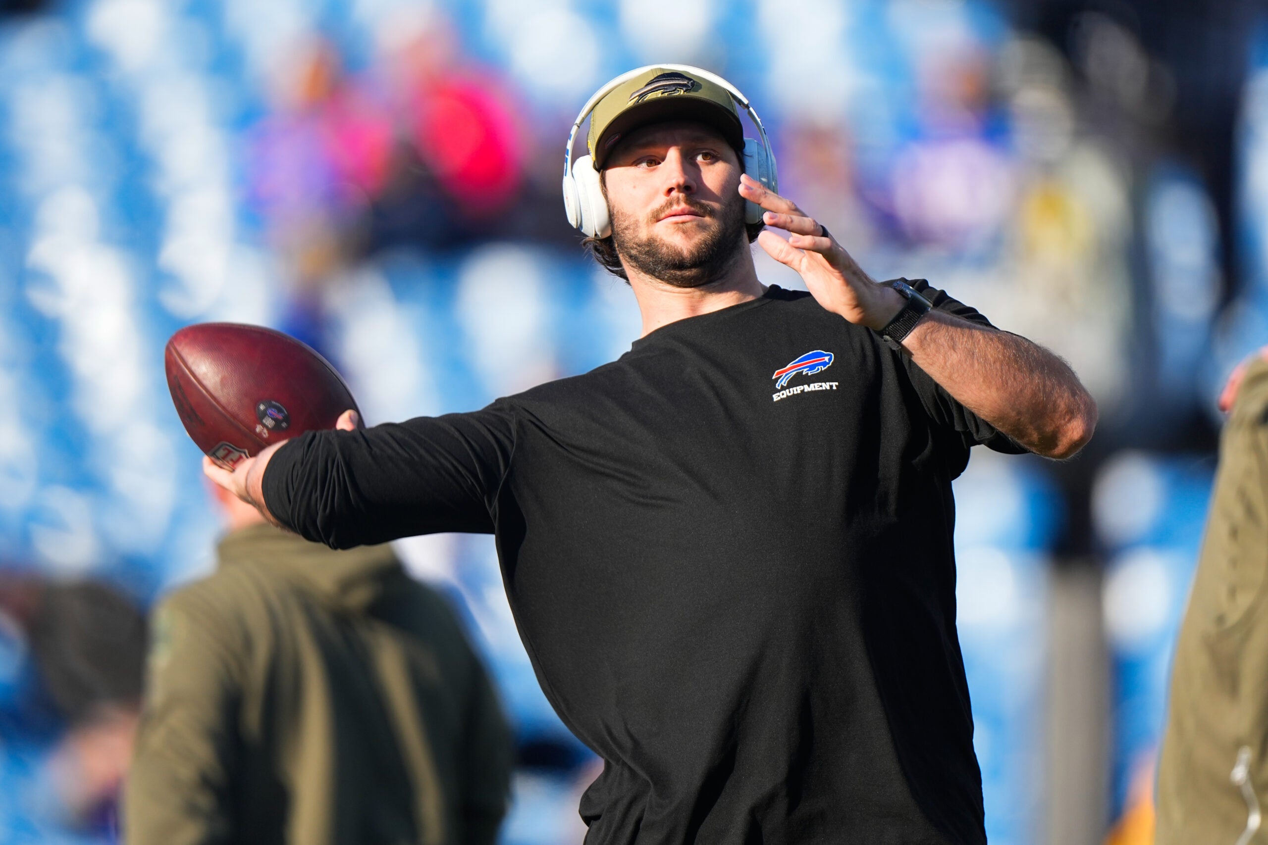 Nov 2, 2025; Orchard Park, New York, USA; Buffalo Bills quarterback Josh Allen (17) warms up before the game against the Kansas City Chiefs at Highmark Stadium.