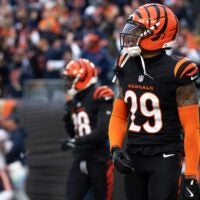 Cincinnati Bengals cornerback Cam Taylor-Britt (29) reacts to Chicago Bears tight end Colston Loveland (84) scoring a go ahead touchdown in the fourth quarter of the NFL football game between Chicago Bears and Cincinnati Bengals at Paycor Stadium in Cincinnati on Nov. 2, 2025.