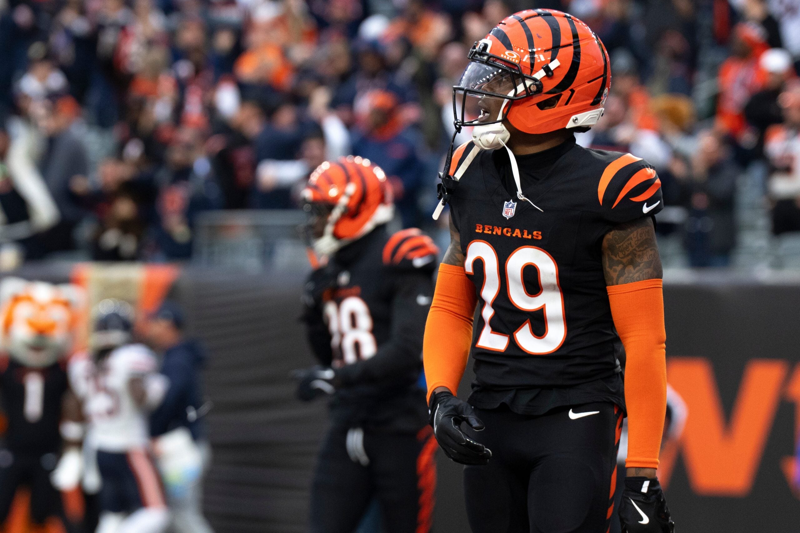 Cincinnati Bengals cornerback Cam Taylor-Britt (29) reacts to Chicago Bears tight end Colston Loveland (84) scoring a go ahead touchdown in the fourth quarter of the NFL football game between Chicago Bears and Cincinnati Bengals at Paycor Stadium in Cincinnati on Nov. 2, 2025.