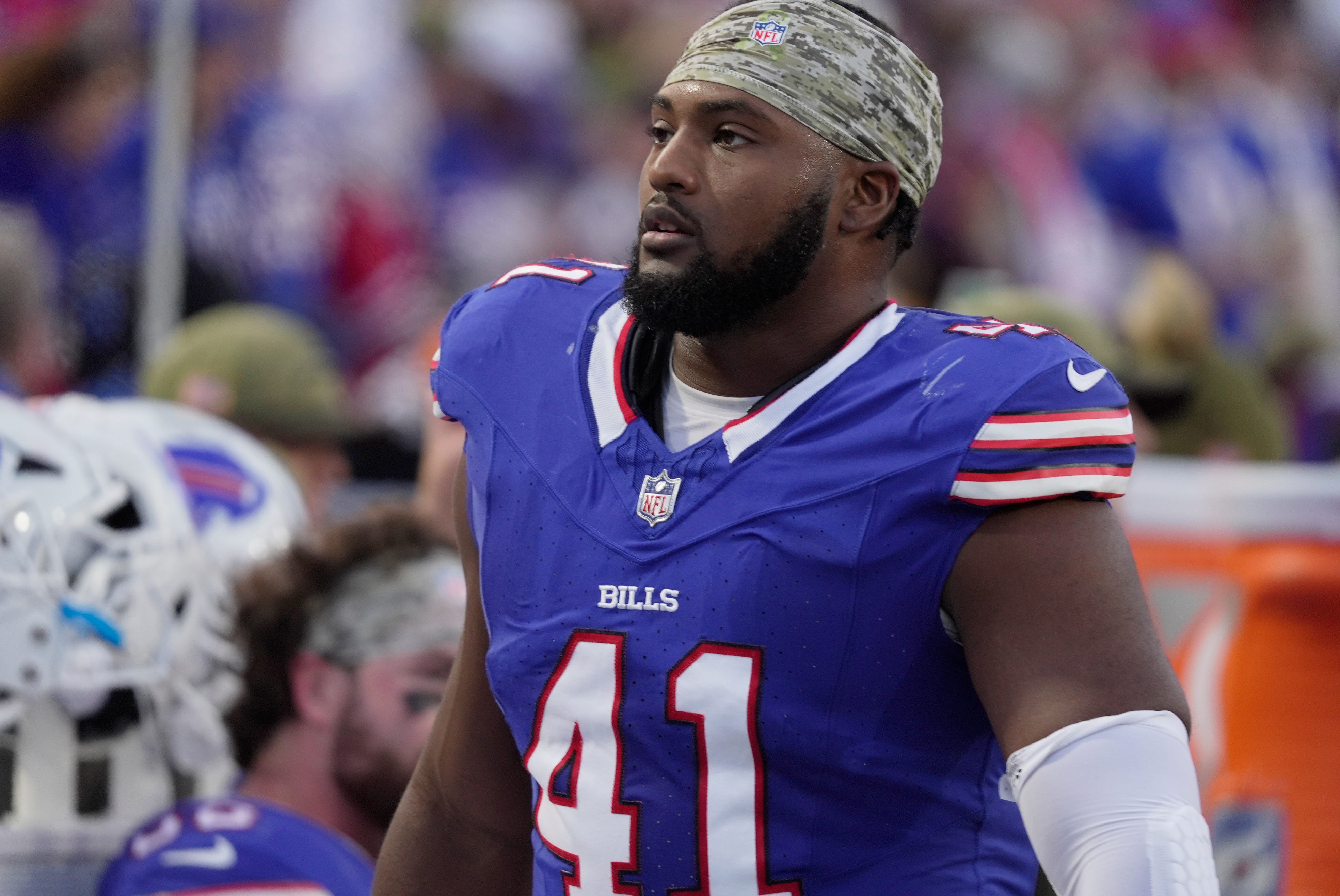 Buffalo Bills fullback Reggie Gilliam gets a chance to to sit while the defense is on the field during first half action against the Kansas City Chiefs at Highmark Stadium in Orchard Park on Nov. 2, 2025.