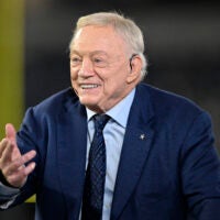 Nov 3, 2025; Arlington, Texas, USA; Dallas Cowboys owner Jerry Jones talks before the game against the Arizona Cardinals at AT&T Stadium.