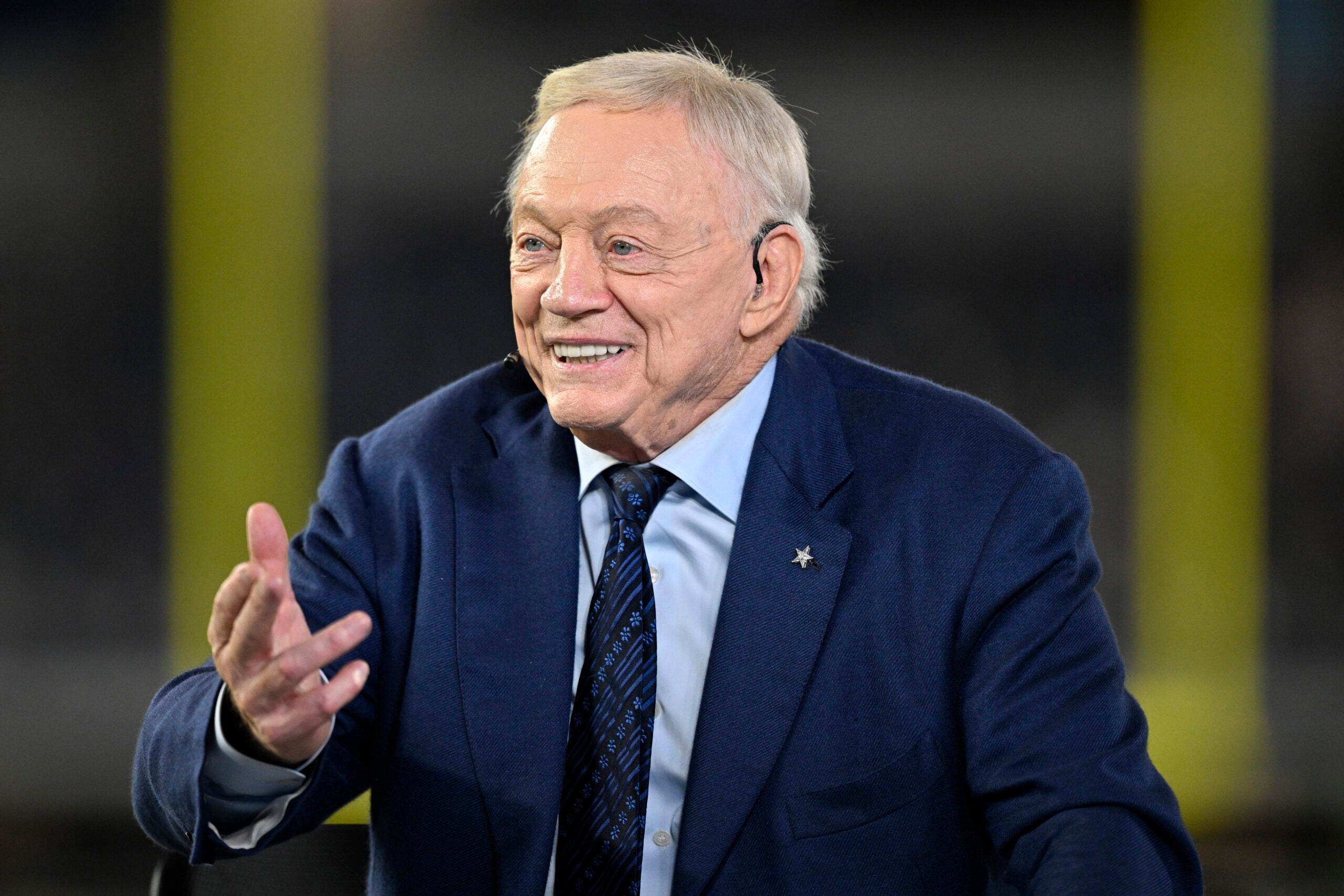 Nov 3, 2025; Arlington, Texas, USA; Dallas Cowboys owner Jerry Jones talks before the game against the Arizona Cardinals at AT&T Stadium.