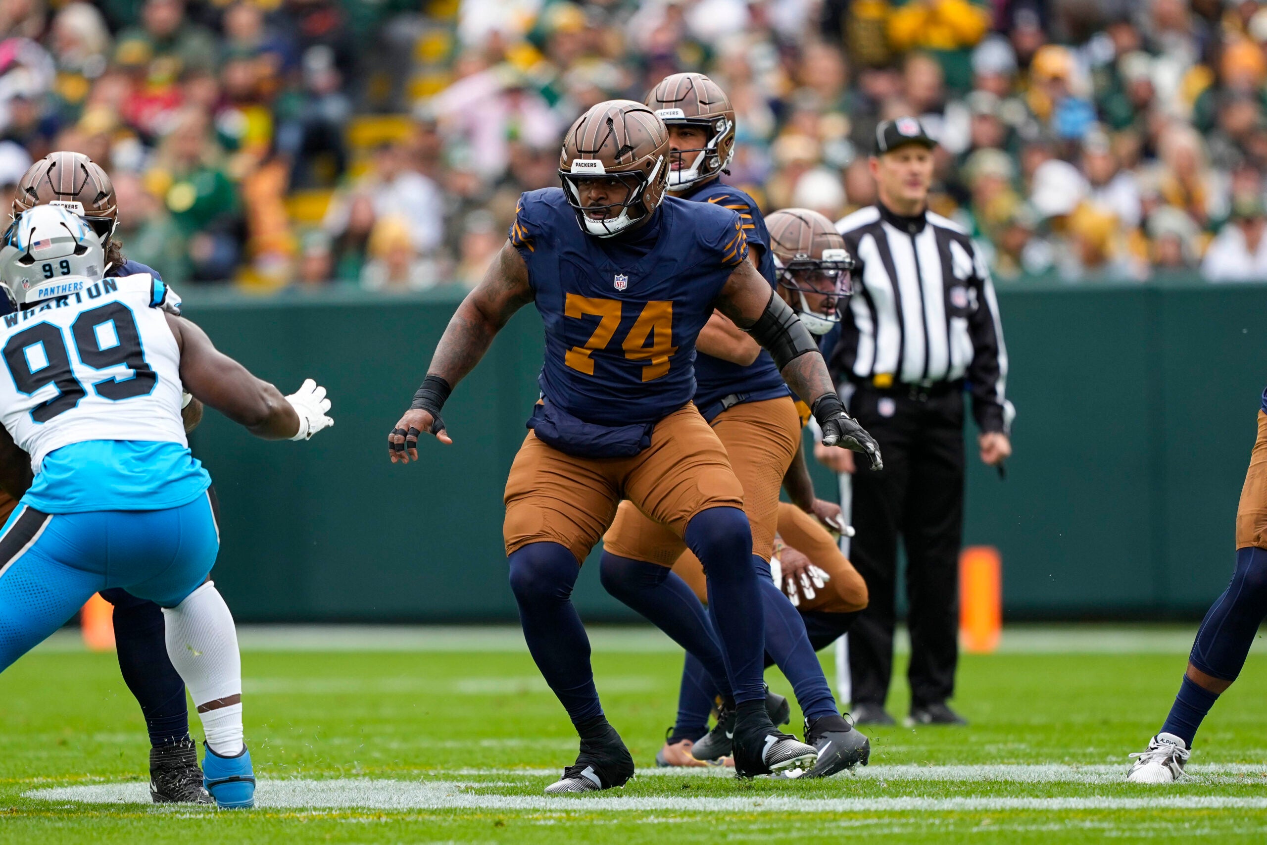 Nov 2, 2025; Green Bay, Wisconsin, USA; Green Bay Packers guard Elgton Jenkins (74) during the game against the Carolina Panthers at Lambeau Field.