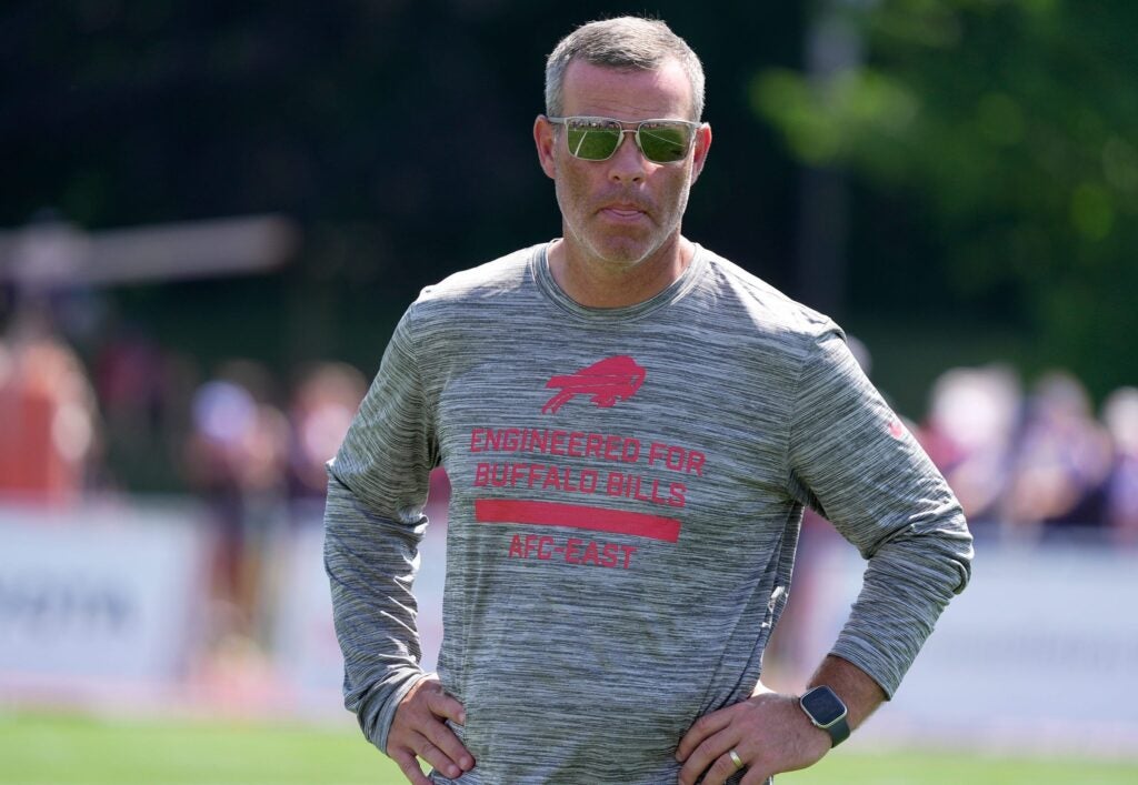 Brandon Beane, general manager of then Buffalo Bills, heads off the field at the end of practice at the Buffalo Bills training camp at St. John Fisher University in Pittsford on July 24, 2025.