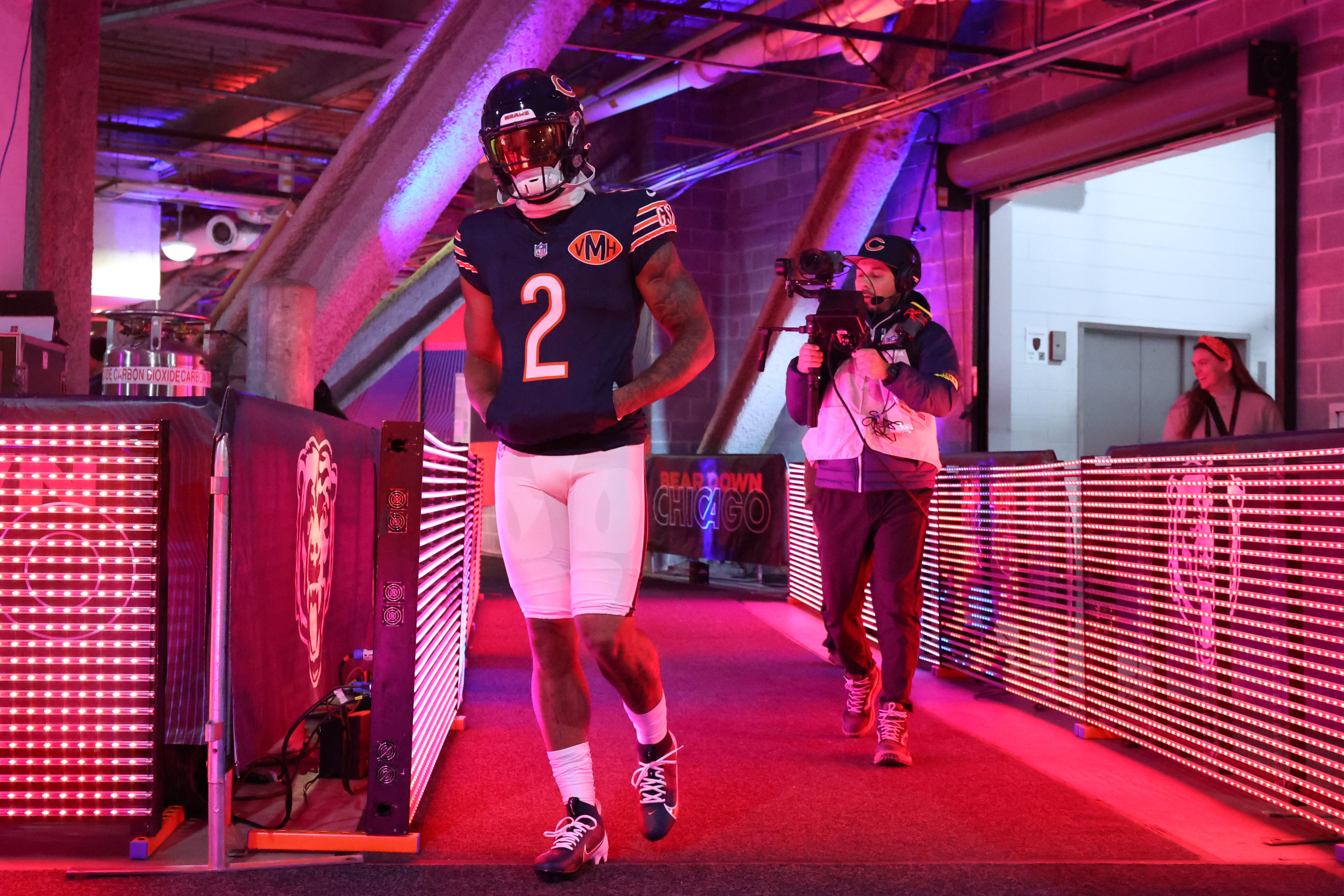 Nov 9, 2025; Chicago, Illinois, USA; Chicago Bears wide receiver DJ Moore (2) takes the field before the game against the New York Giants at Soldier Field.