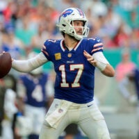 Nov 9, 2025; Miami Gardens, Florida, USA; Buffalo Bills quarterback Josh Allen (17) throws during the second half against the Miami Dolphins at Hard Rock Stadium.