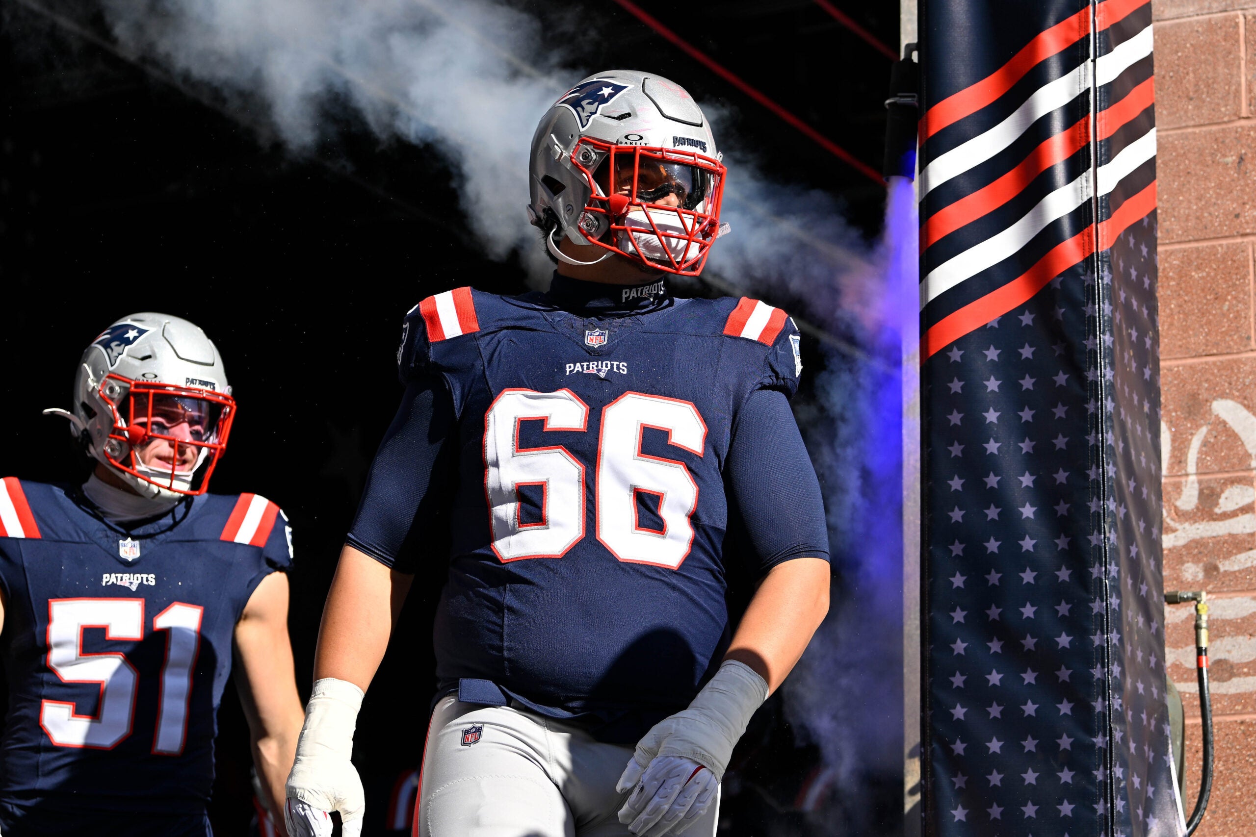 Nov 2, 2025; Foxborough, Massachusetts, USA; New England Patriots offensive tackle Will Campbell (66) walks out of the player's tunnel before a game against the Atlanta Falcons at Gillette Stadium.