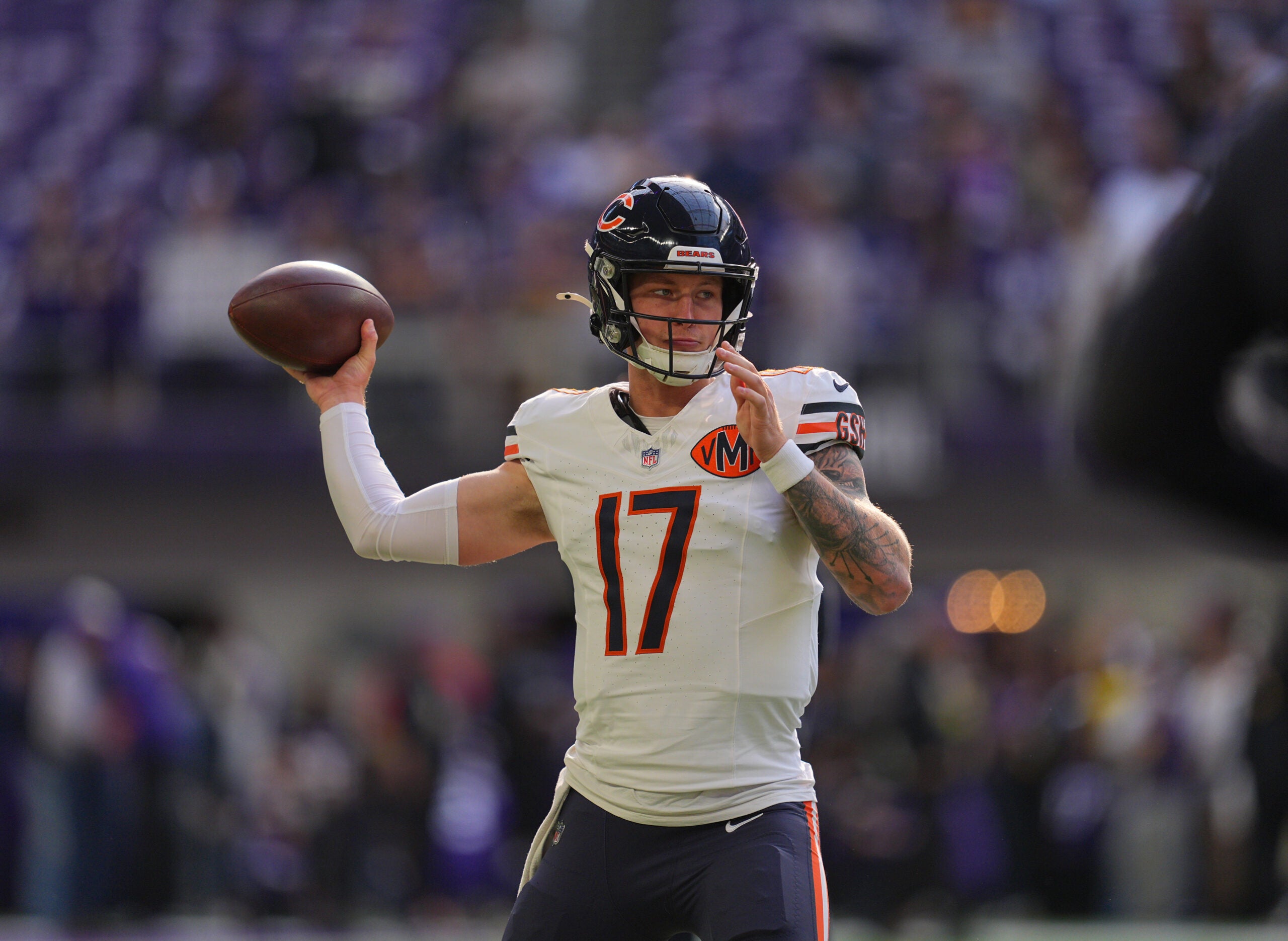 Nov 16, 2025; Minneapolis, Minnesota, USA; Chicago Bears quarterback Tyson Bagent (17) warms up before a game against the Minnesota Vikings at U.S. Bank Stadium.