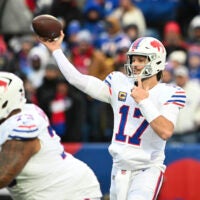 Nov 16, 2025; Orchard Park, New York, USA; Buffalo Bills quarterback Josh Allen (17) throws a pass against the Tampa Bay Buccaneers during the first half of the game at Highmark Stadium.