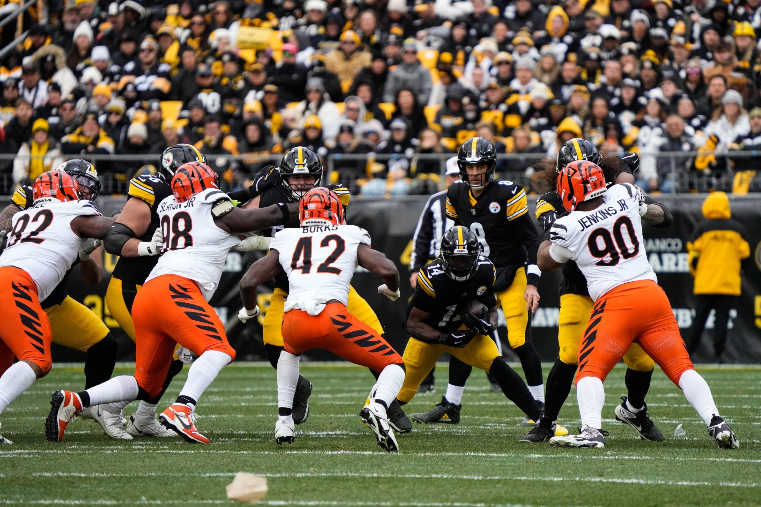 Bengals defense rushes the ball carrier during their game against the Steelers on Sunday November 16, 2025 at Acrisure Stadium.