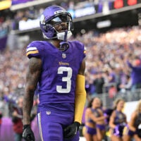 Nov 16, 2025; Minneapolis, Minnesota, USA; Minnesota Vikings wide receiver Jordan Addison (3) celebrates after scoring a touchdown during the fourth quarter against the Chicago Bears at U.S. Bank Stadium.