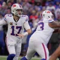 Buffalo Bills quarterback Josh Allen waits for someone to get open during second half action against the Tampa Bay Buccaneers on Nov 16, 2025 at Highmark Stadium in Orchard Park.
