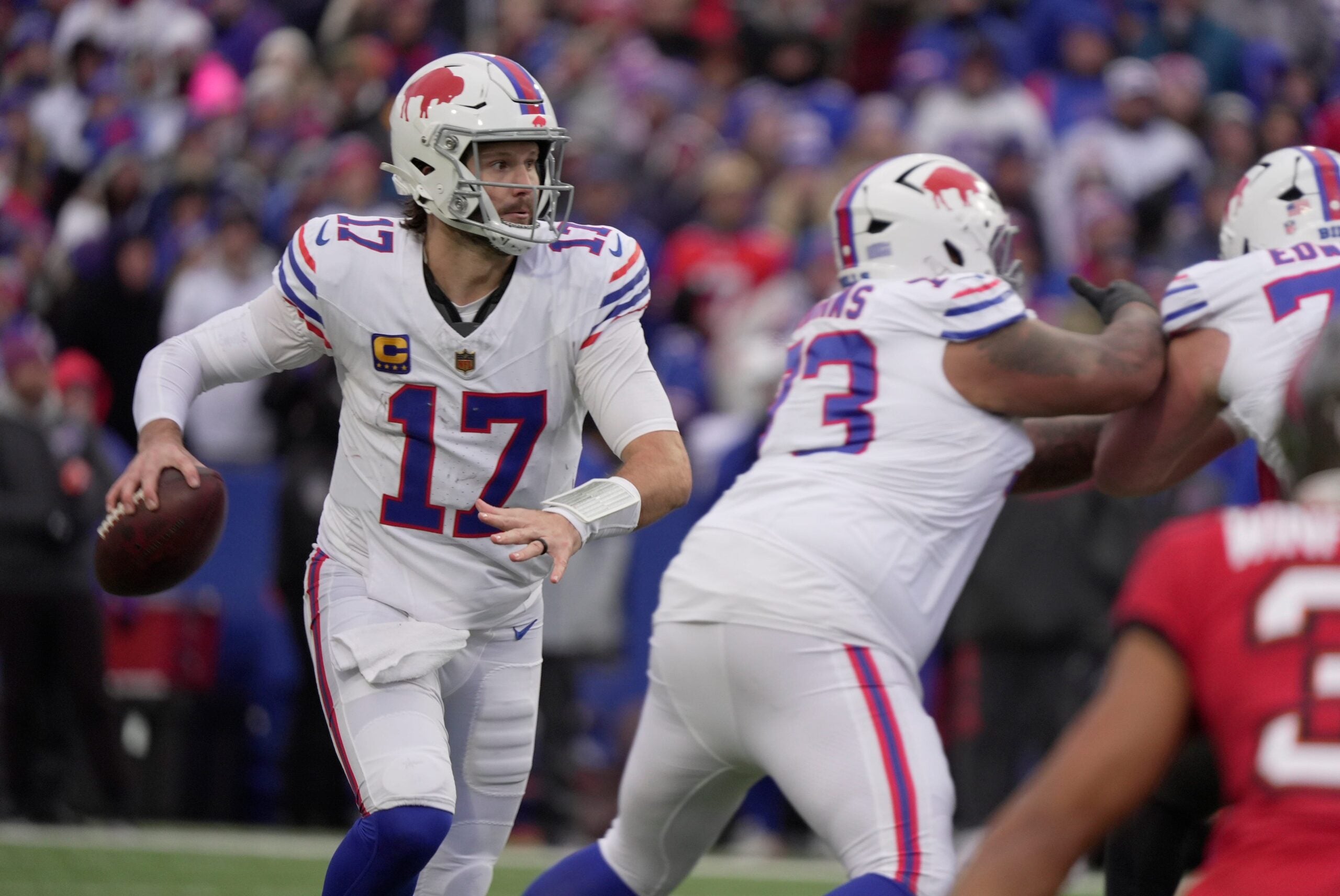 Buffalo Bills quarterback Josh Allen waits for someone to get open during second half action against the Tampa Bay Buccaneers on Nov 16, 2025 at Highmark Stadium in Orchard Park.