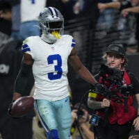 Nov 17, 2025; Paradise, Nevada, USA; Dallas Cowboys wide receiver George Pickens (3) reacts after scoring a touchdown against the Las Vegas Raiders during the first half at Allegiant Stadium.