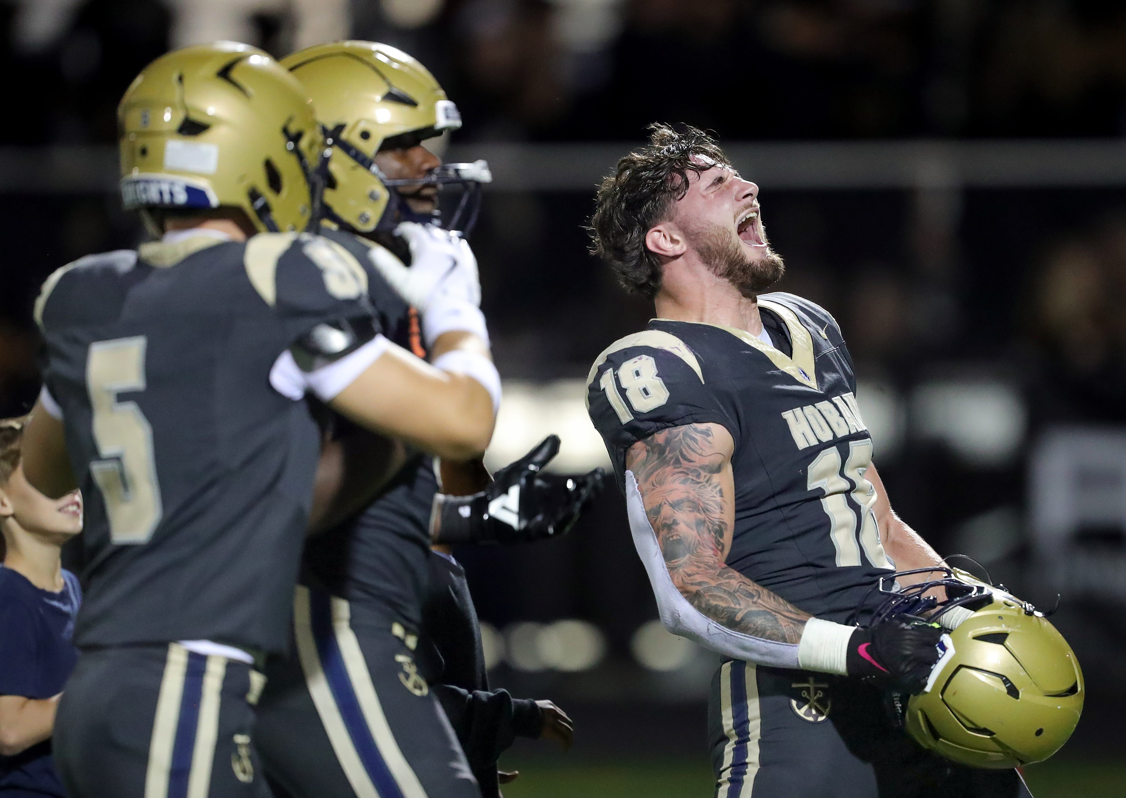 Archbishop Hoban linebacker Brayton Feister celebrates after the Knights’ win over Walsh Jesuit, Sept. 26, 2025.