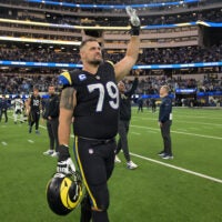 Nov 16, 2025; Inglewood, California, USA; Los Angeles Rams offensive tackle Rob Havenstein (79) leaves the field after defeating the Seattle Seahawks at SoFi Stadium.