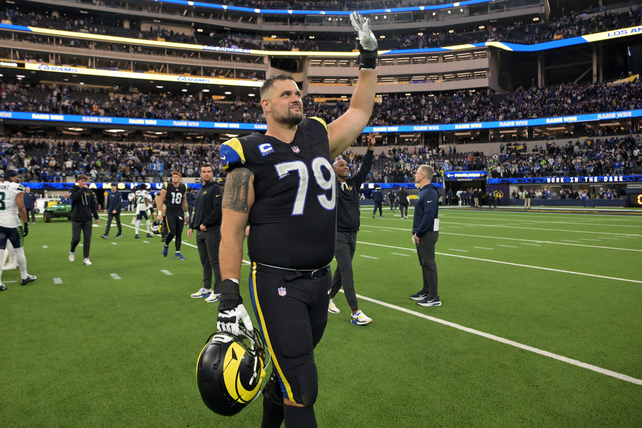 Nov 16, 2025; Inglewood, California, USA; Los Angeles Rams offensive tackle Rob Havenstein (79) leaves the field after defeating the Seattle Seahawks at SoFi Stadium.