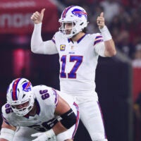 Nov 20, 2025; Houston, Texas, USA; Buffalo Bills quarterback Josh Allen (17) at the line of scrimmage during the game against the Houston Texans at NRG Stadium.