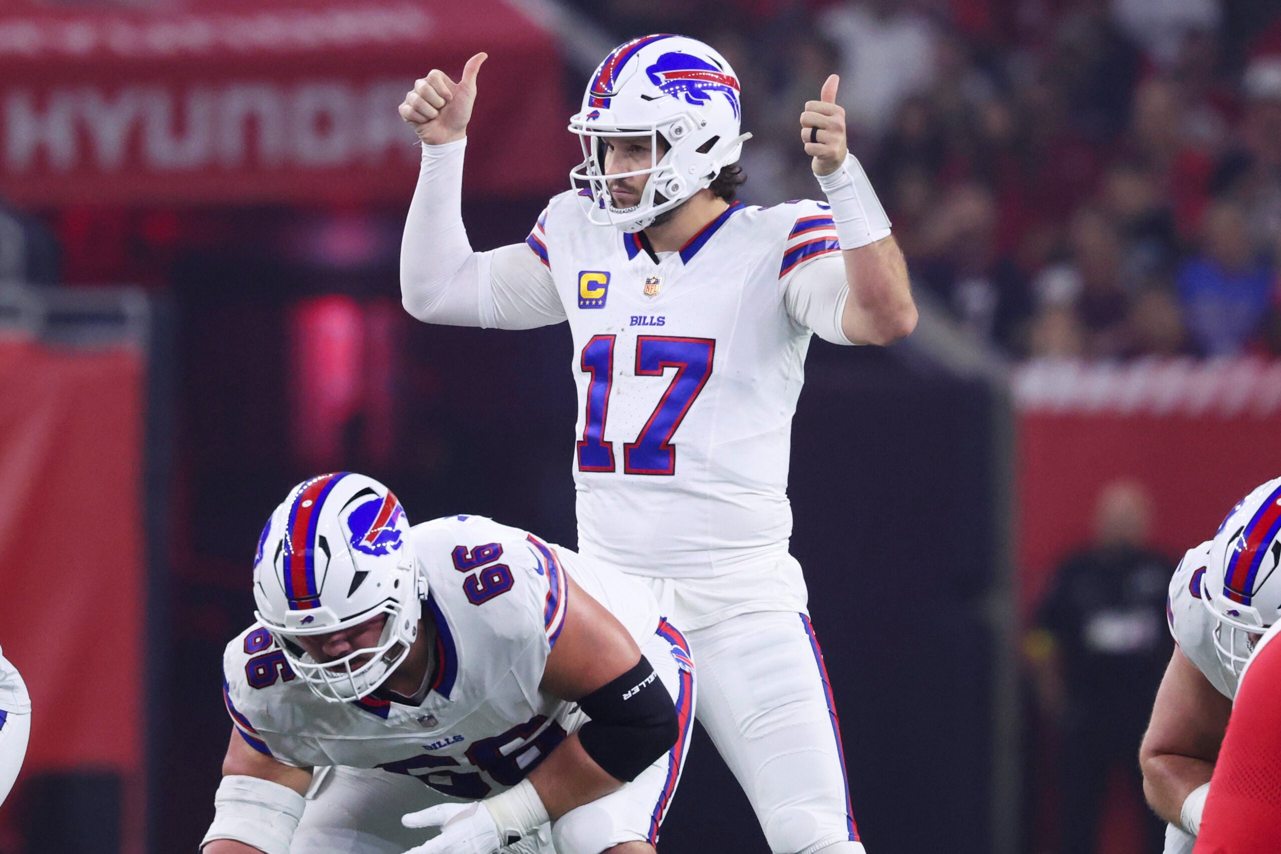 Nov 20, 2025; Houston, Texas, USA; Buffalo Bills quarterback Josh Allen (17) at the line of scrimmage during the game against the Houston Texans at NRG Stadium.