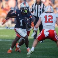 Auburn Tigers wide receiver Eric Singleton Jr. (1) turns up field after a catch as Auburn Tigers take on Mercer Bears at Jordan-Hare Stadium in Auburn, Ala. on Saturday, Nov. 22, 2025. Auburn Tigers defeated the Mercer Bears 62-17.