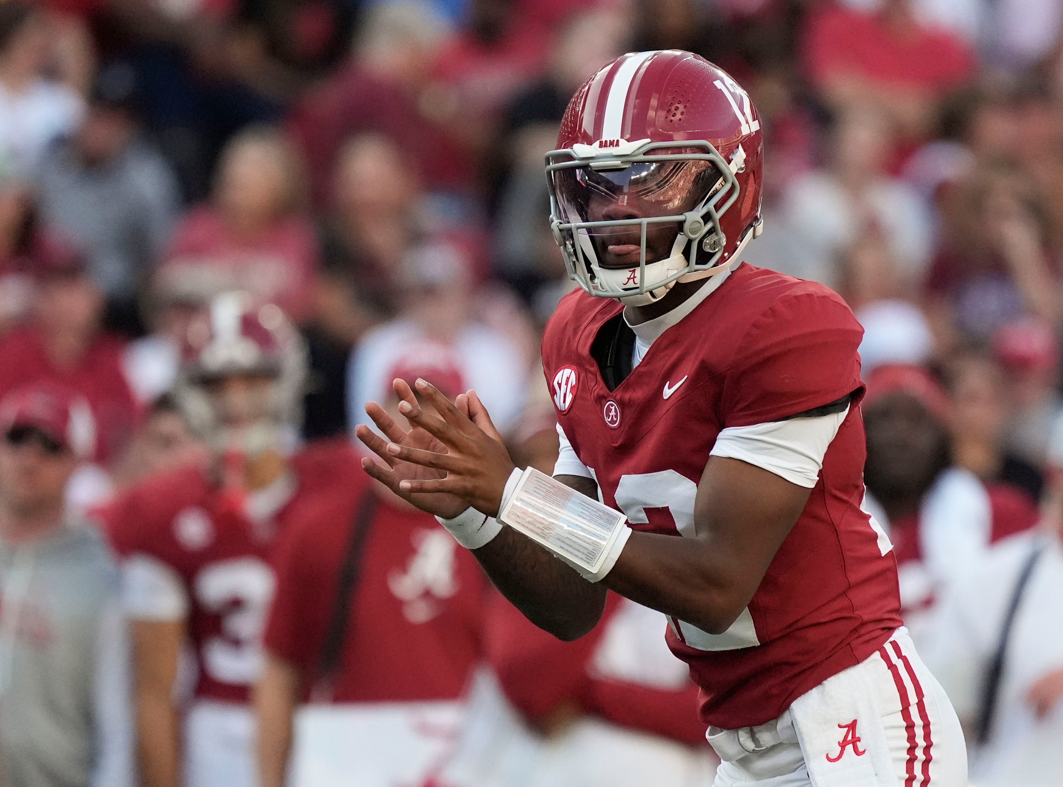 Nov 22, 2025; Tuscaloosa, Alabama, USA; Alabama quarterback Keelon Russell (12) gets ready to take a snap during the game with Eastern Illinois at Saban Field at Bryant-Denny Stadium.