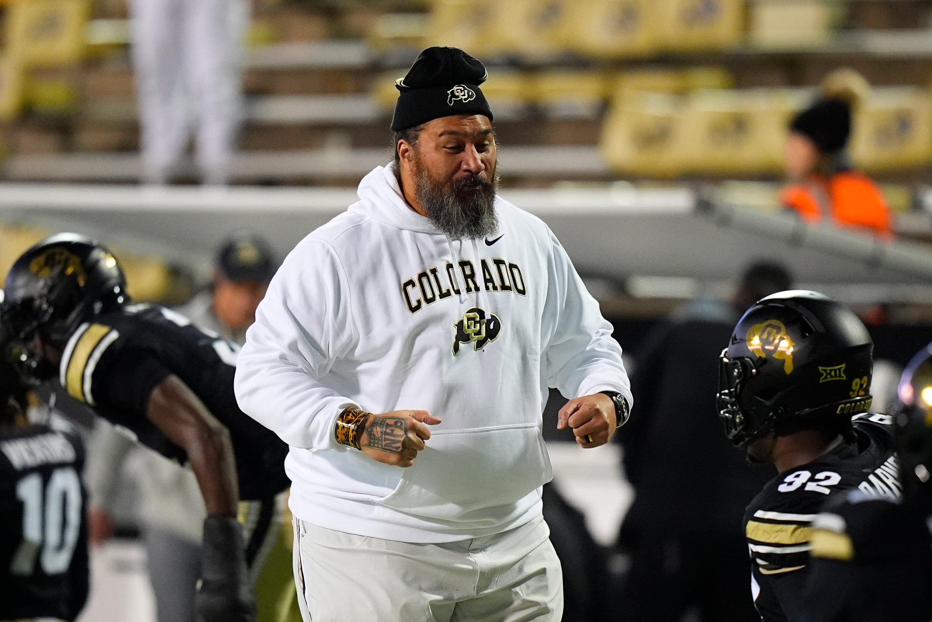 Nov 22, 2025; Boulder, Colorado, USA; Colorado Buffaloes defensive line assistant coach Domata Peko before the game against the Arizona State Sun Devils at Folsom Field.