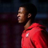 Ohio State Buckeyes linebacker Sonny Styles (0) warms up during the NCAA football game against the Rutgers Scarlet Knights at Ohio Stadium in Columbus on Nov. 22, 2025.