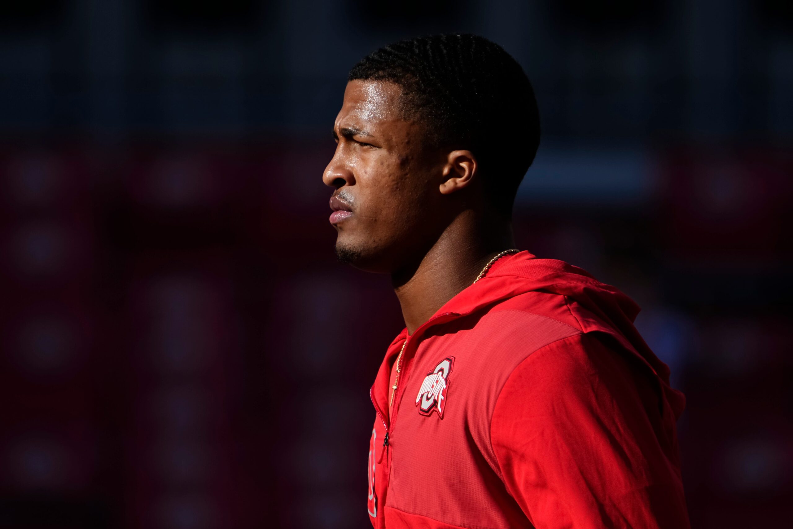 Ohio State Buckeyes linebacker Sonny Styles (0) warms up during the NCAA football game against the Rutgers Scarlet Knights at Ohio Stadium in Columbus on Nov. 22, 2025.