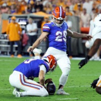 Nov 22, 2025; Gainesville, Florida, USA; Florida Gators kicker Trey Smack (29) misses a field goal against the Tennessee Volunteers during the first half at Ben Hill Griffin Stadium.