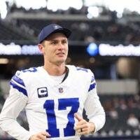 Nov 23, 2025; Arlington, Texas, USA; Dallas Cowboys kicker Brandon Aubrey (17) looks on during warm ups before the game against the Philadelphia Eagles at AT&T Stadium.