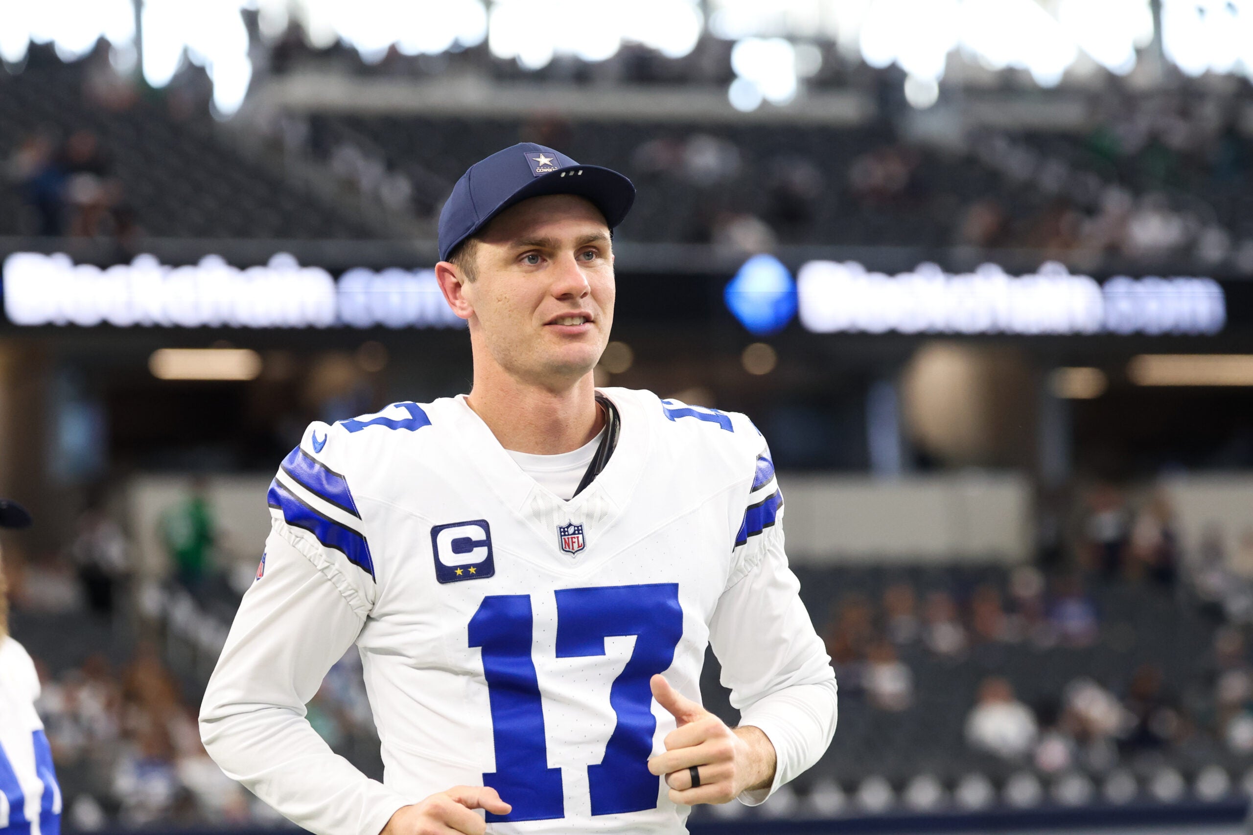 Nov 23, 2025; Arlington, Texas, USA; Dallas Cowboys kicker Brandon Aubrey (17) looks on during warm ups before the game against the Philadelphia Eagles at AT&T Stadium.