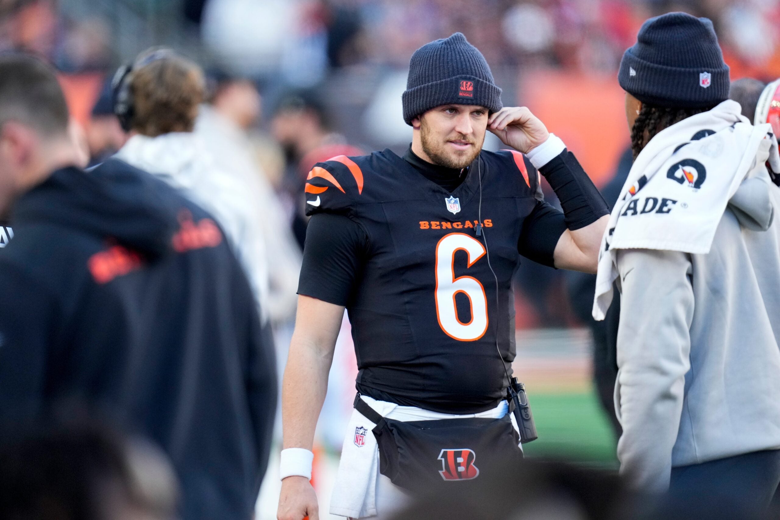 Cincinnati Bengals quarterback Jake Browning (6) walks the sideline in the third quarter of the NFL Week 12 game between the Cincinnati Bengals and the New England Patriots at Paycor Stadium in downtown Cincinnati on Sunday, Nov. 23, 2025. The Bengals fall to 3-8 with a 26-20 loss at home.